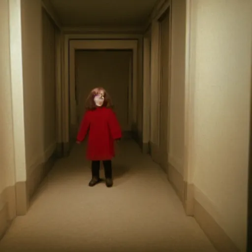 Image similar to the twins from the shining in the hallway waving to danny torrance 4 k photorealism