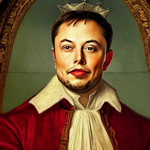 Prompt: classical painting of king elon musk, with crown, royal, portrait, museum