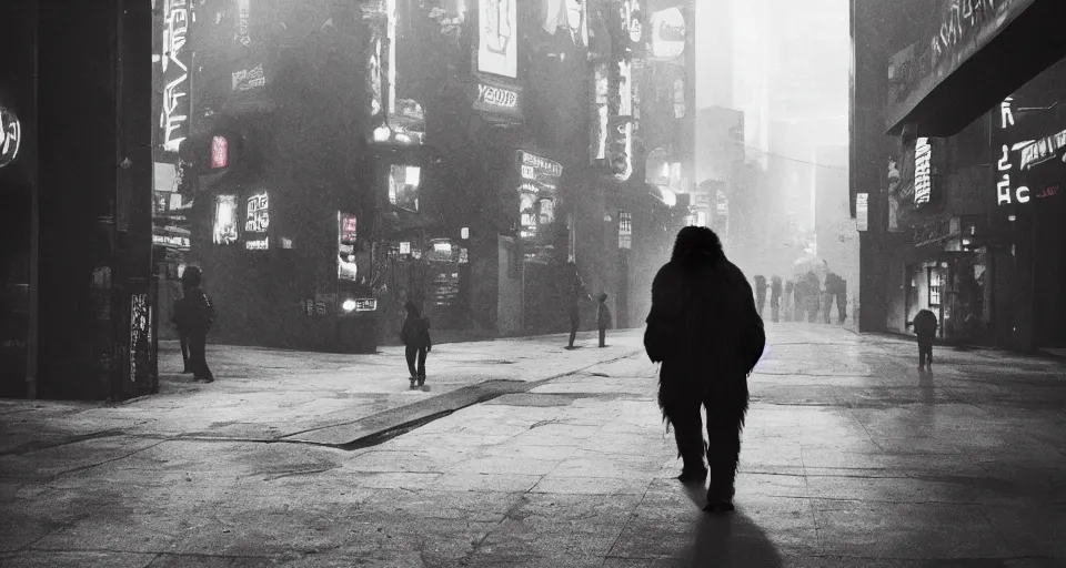 Image similar to gorilla wearing a red akira jacket, walking down a blade runner street, looking suspicious, by ash thorp