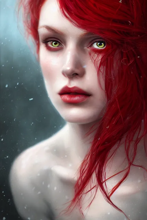 Prompt: extreme close up red haired vampire character portrait, beautiful face, cinematic lighting, hyper - detailed, cgsociety, 8 k, high resolution, in the style of charlie bowater, tom bagshaw, single face, symmetrical, headshot photograph, insanely detailed and intricate, cinematic, portrait, raphaelite, headroom, artstation, pierre - auguste renoir