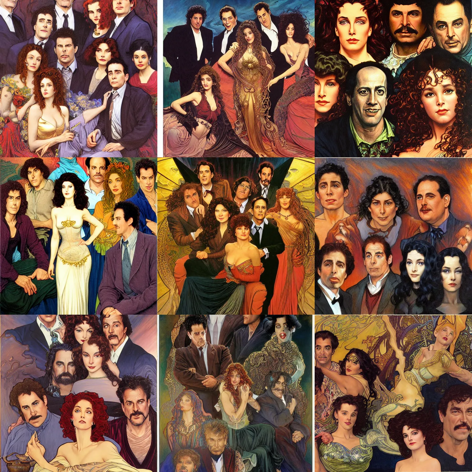 Prompt: awe-inspiring award-winning concept art painting of the cast of Seinfeld, by Julie Bell, Jean Delville, Virgil Finlay, Alphonse Mucha, Ayami Kojima, Amano, Charlie Bowater, Karol Bak, Greg Hildebrandt, Jean Delville, Frank Frazetta, Peter Kemp, and Pierre Puvis de Chavannesa, extremely moody lighting, glowing light and shadow, atmospheric, shadowy, cinematic, 8K,