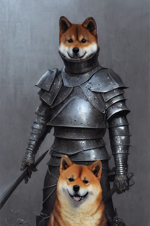 Image similar to a detailed matte portrait of an anthropomorphic shiba inu in steel plate armor, shiba inu face, very large longsword leaning against the side of a tavern, city streets, masterpiece, 8 k, art by donato giancola and greg rutkowski and wayne barlow and zdzisław beksinski