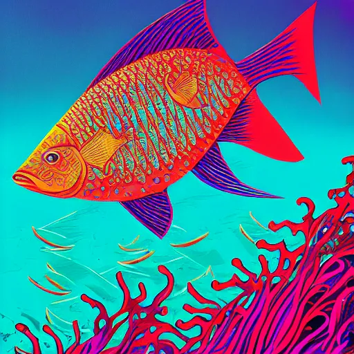 Prompt: one stylized fish with saturated colors in the ocean viewed in profile, seaweed, background with complex patterns and desaturated colors, sparkles, artstation, intricate, realistic, highly detailed, digital painting, concept art, sharp focus, illustration by tom whalen and charles williams and kilian eng and james jean