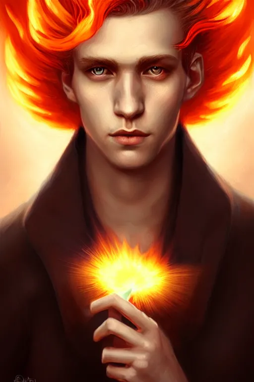 Image similar to character art by tom bagshaw, young man, blonde hair, on fire, fire powers