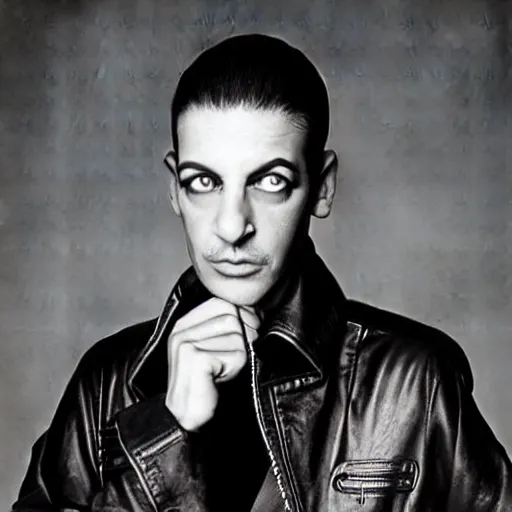 Image similar to A pharaoh wearing a leather jacket, portrait, by Derek Ridgers, Richard Avedon, Mario Testino