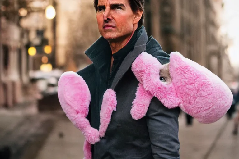 Image similar to Tom Cruise, wearing a pink rabbit costume, portrait photography, depth of field, bokeh