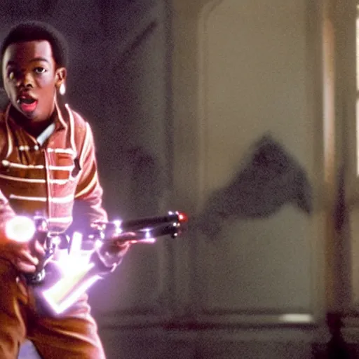 Image similar to young Eddie Murphy as a Ghostbuster in a still from the movie Ghostbusters 8k hdr