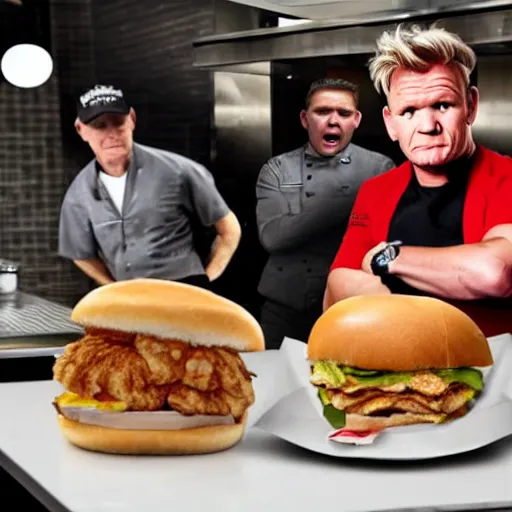 Prompt: gordon ramsay angrily throws a chicken sandwich at the wall in a kfc restaurant. the employees look on in horror