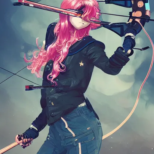 Image similar to close up, attractive sports woman in archery, arrows and bow in action, a grungy cyberpunk anime, very cute, by super ss, curly pink hair, night sky by wlop, james jean, victo ngai, highly detailed