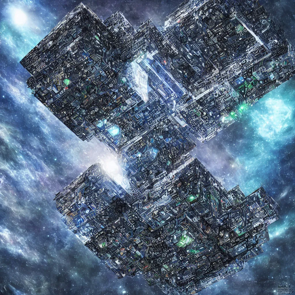 Image similar to a borg cube in space, art by mark cooper, 8 k, hyper detailed, hdr, intricate, masterpiece