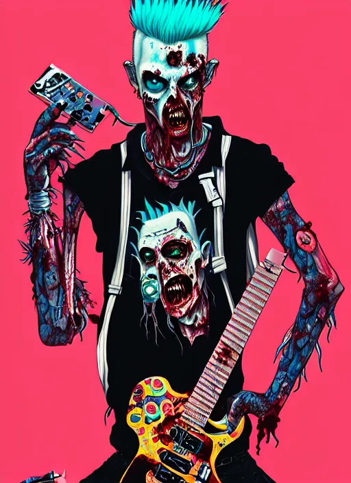 Image similar to a zombie punk rocker with a mohawk playing electric guitar, tristan eaton, victo ngai, artgerm, rhads, ross draws, cinematic by francis tneh