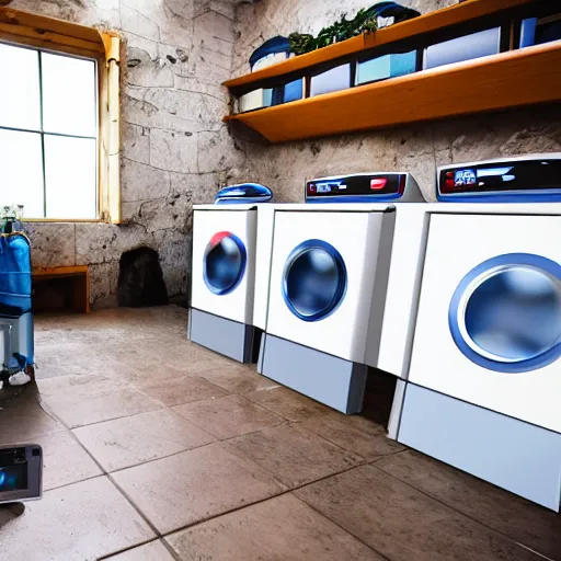 Prompt: a place of worship for the religion of technology where true believers can pray to the washing machine