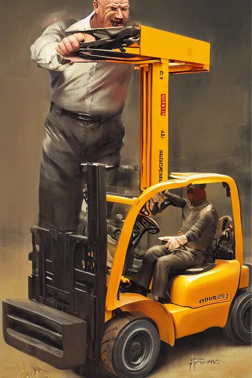 Image similar to a bald man driving a fork lift truck by Frank Frazetta, Ivan Aivakovsky, Boris Vallejo, epic character art, full length, Exquisite detail, post-processing, masterpiece, cinematic, 8k, ultra realistic, hyper detailed