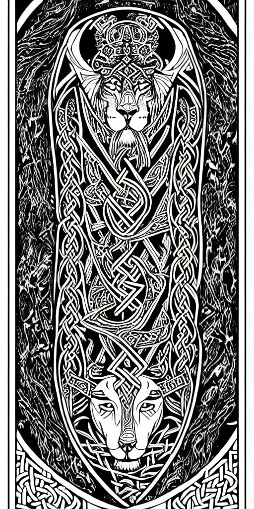 Image similar to a beautiful black and white fractal viking lioness tarot card featuring bold occult imagery with clean lines. detailed adult coloring book