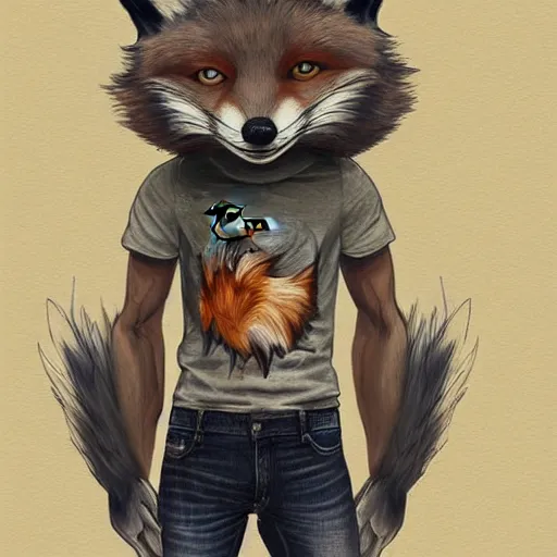 Prompt: A fox with a small head wearing a t-shirt and jeans, trending on FurAffinity, energetic, dynamic, digital art, highly detailed, FurAffinity, digital fantasy art, FurAffinity, favorite, character art, portrait