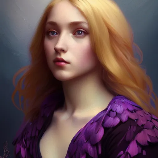 Image similar to portrait of a young blonde girl with a dark purple parrot, upper body, long hair, intricate, elegant, highly detailed, digital painting, artstation, concept art, matte, sharp focus, illustration, art by artgerm and greg rutkowski and alphonse mucha