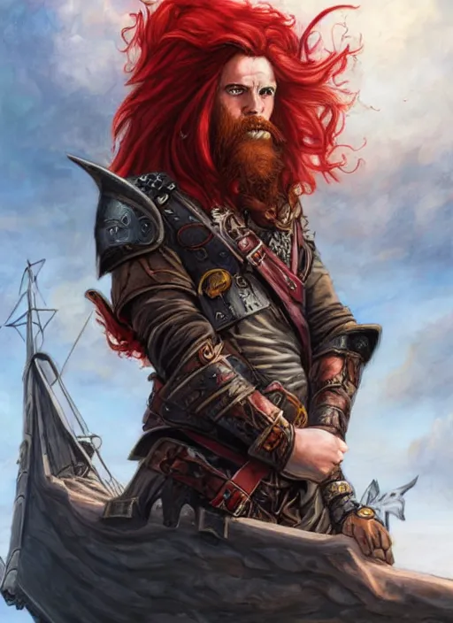 Prompt: an epic fantasy comic book style portrait painting of a long haired, red headed male sky - pirate in front of an airship in the style of eve ventrue