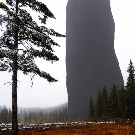 Image similar to a taiga with a large monolith hovering above it. overcast sky, snowing.