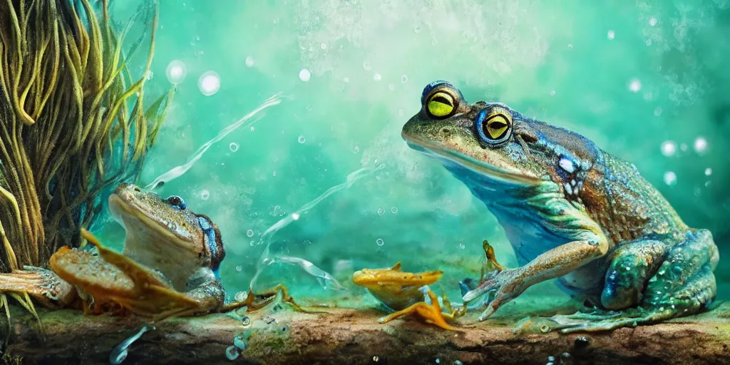 Image similar to a very intricately detailed underwater photo of a fish cuddling with a frog. a lot of bubbles, diffracting the light. extreme detail, artstation hq, 8 k