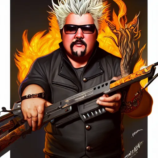 Prompt: portrait of guy fieri wielding handguns, ethereal, handsome, d & d, fantasy, intricate, elegant, highly detailed, digital painting, artstation, concept art, matte, sharp focus, illustration, art by artgerm and greg rutkowski and alphonse mucha