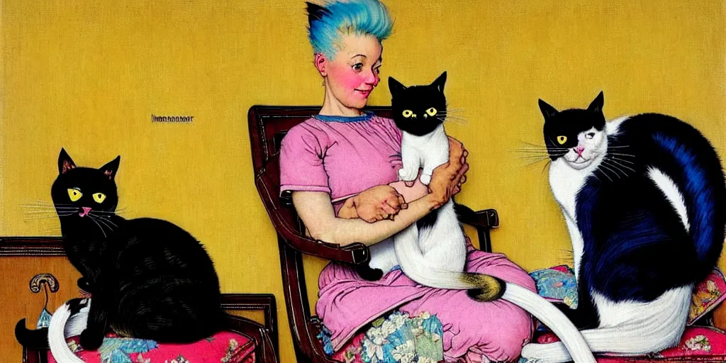 Image similar to two cats on an old armchair, blue and white hair, yellow and pink hair, style of norman rockwell