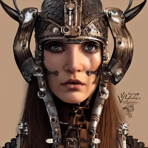 Prompt: a mechanized version of a norse woman, facial piercings, very symmetrical, furry warrior's bone clothing, highly detailed, by vitaly bulgarov, joss nizzi, ben procter, steve jung, concept art, concept art world, pinterest, artstation, unreal engine