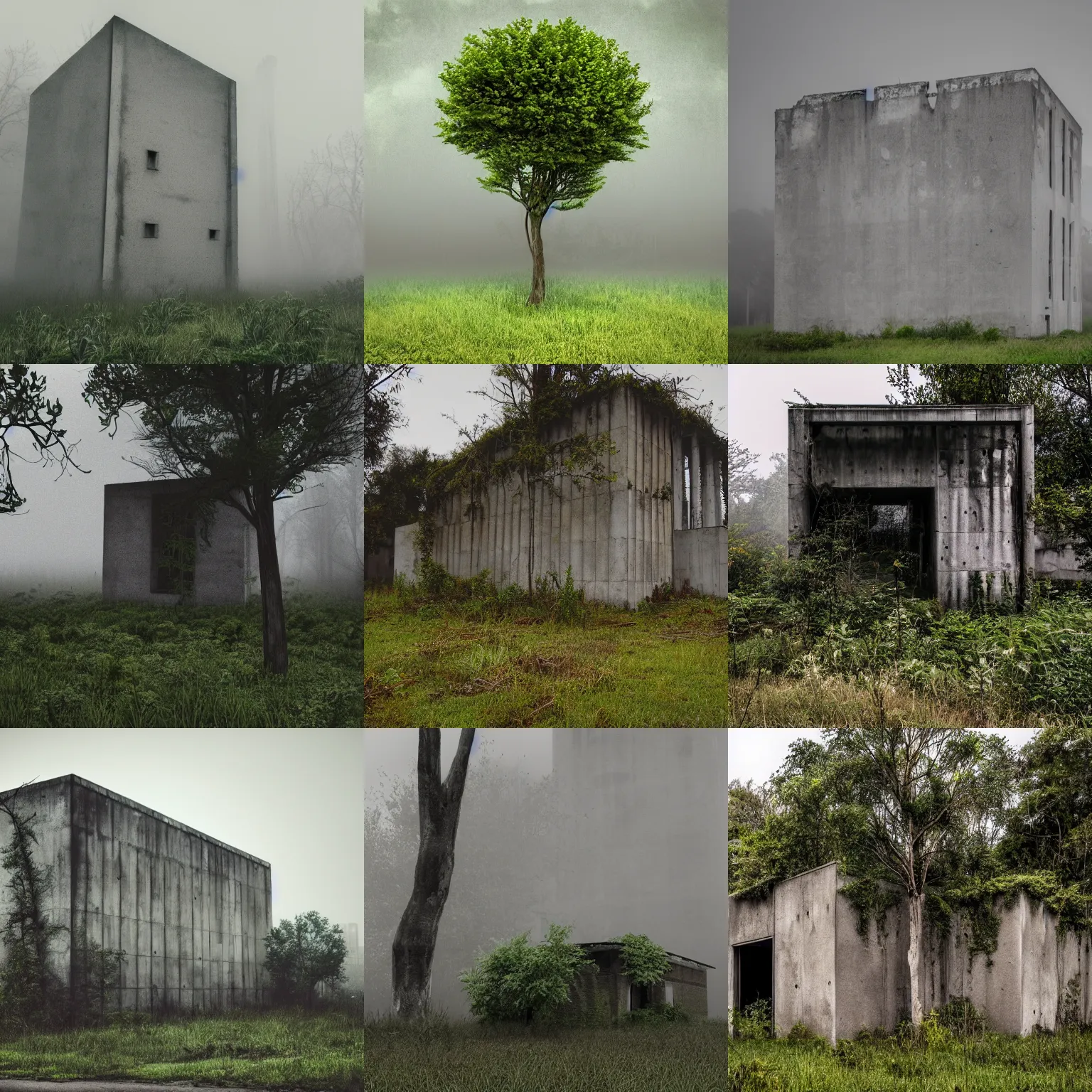 Prompt: Abandoned concrete building with plants and trees, overcast and fog weather, realistic,