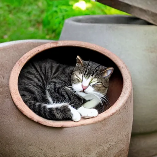 Prompt: cat sleeping on top of a pot