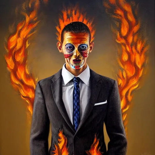 Prompt: a hyper realistic painting of a calm young man in a burning business suit, his clothes is burning, full body painting, coherent symmetrical eyes, by jeffrey smith, by andrea kowch, by steve henderson, masterpiece, trending on artstation,