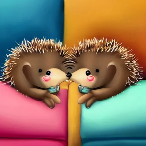 Image similar to two cute adorable hedgehogs, sitting together on a couch, romantic, shy hedgehog, blushing, waving, smiling, cute, hedgehog, by cyril rolando