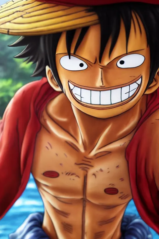 Image similar to a photorealistic portait of Luffy from One Piece, hyperrealistic, highly detailed, high quality, 8k, natural lighting, portait image, path tracing, anatomically correct