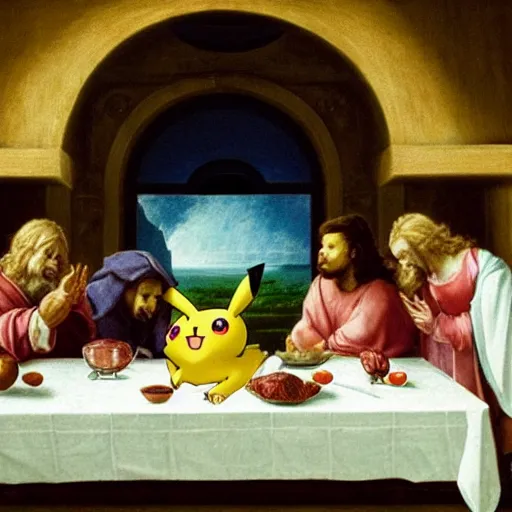 Image similar to pikachu and jigglypuff recreate da vinci's last supper, photorealistic, detailed image, 4 k