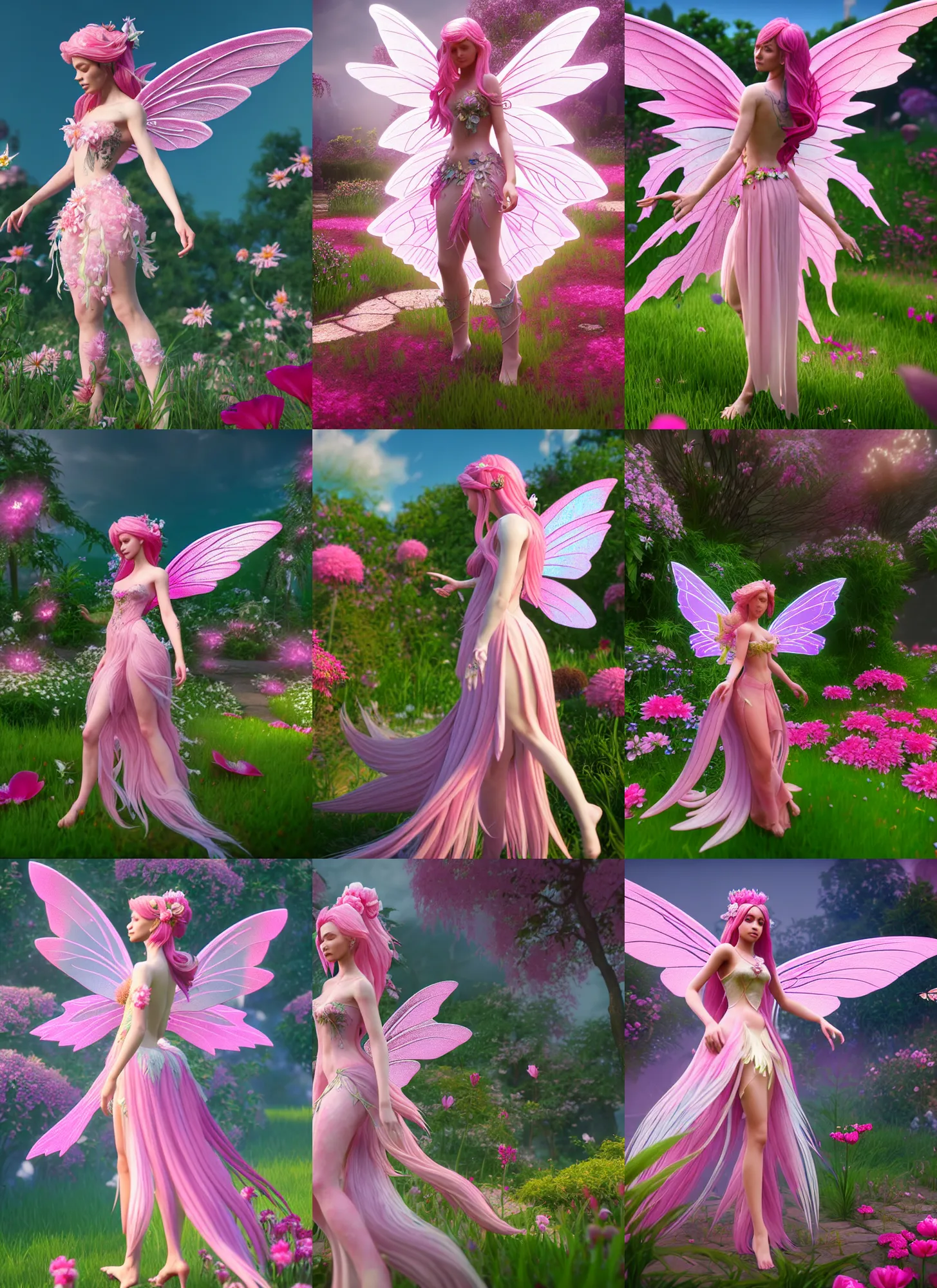 Prompt: side full body profile d & d style of a pink beautiful fairy with large wings and flowing hair and beautiful face wearing clothing is exploring her flower garden, extremely detailed, unreal engine, octane render, 4 k