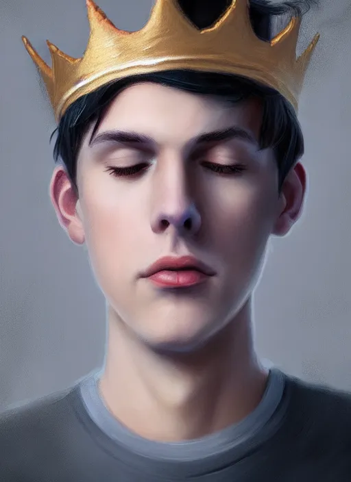 Image similar to portrait of teenage jughead jones wearing a light grey crown, photorealistic, crown, eyes closed, crown, black hair, intricate, elegant, glowing lights, highly detailed, digital painting, artstation, concept art, smooth, sharp focus, illustration, art by wlop, mars ravelo and greg rutkowski