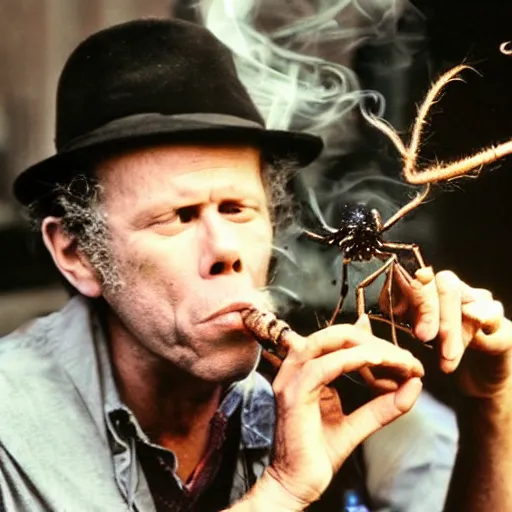 Image similar to tom waits with the body of a spider, smoking a pipe, on the streets of san diego