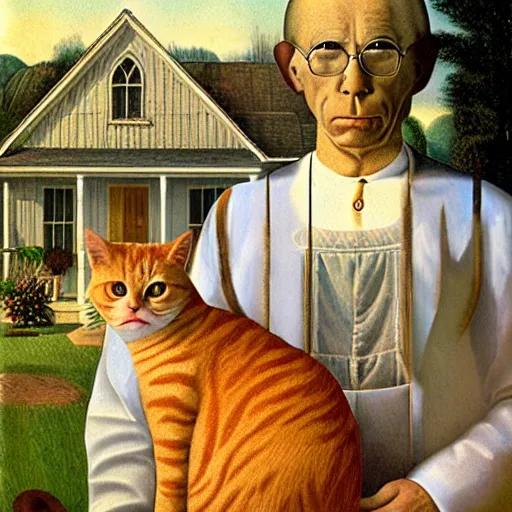 Image similar to fat orange tabby cat, man with afro in american gothic by grant wood