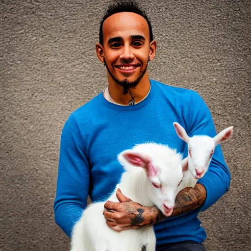 Image similar to lewis hamilton holding a baby goat, ( sony a 7 r iv, symmetric balance, polarizing filter, photolab, lightroom, 4 k, dolby vision, photography awardm, voque, perfect face )