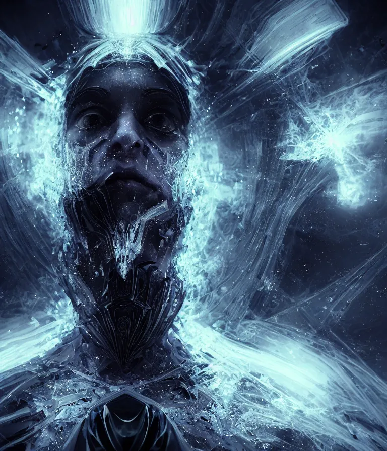 Image similar to impressive ominous front!! shot photo of a court jester character fine portrait fine portrait mesmerizing fractal hyper cubes platinum cracked dark future hyper dimensional space galactic crystal nebula edges elegant detailed intricate concept artstation sharp focus ray tracing cinematic masterpiece temporal corruption beeple wlop germ 8 4 k scifi glossy hyper realistic illustration canon eos r 3 fujifilm x - t 3 0 sony alpha a 6 6 0 0