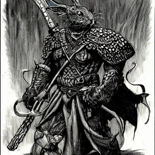 Prompt: dungeons and dragons illustration of a very aggressive looking bunny warrior, in the style of bernie wrightson art