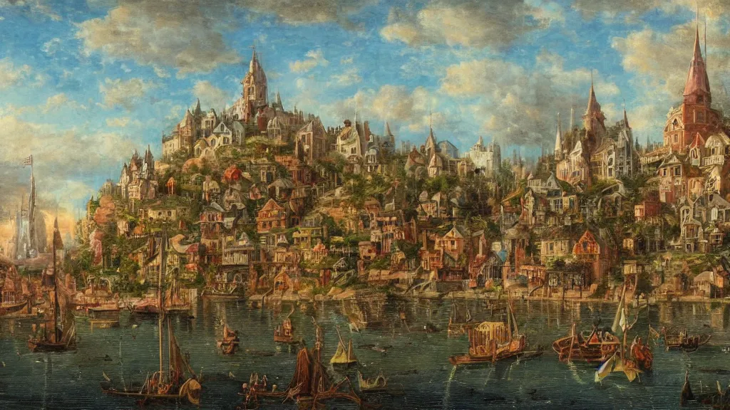 Image similar to an old enchanted fantasy town, viewed from the harbor, by jean - baptist monge,