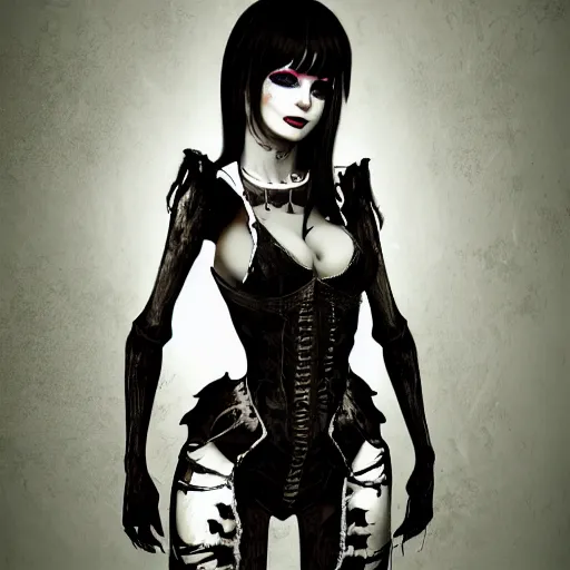Prompt: Elvira in tattered clothes, Tinkercore, bone china, extremely digital overlay, Space-age, BONES studio, Havok Project Anarchy, character concept, amazing detail, HD, Gloomy lighting