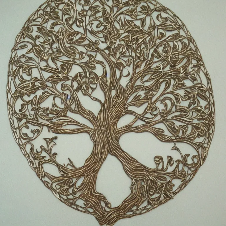 Prompt: vintage art nouveau style tree of life, detailed filigree fretwork lacework