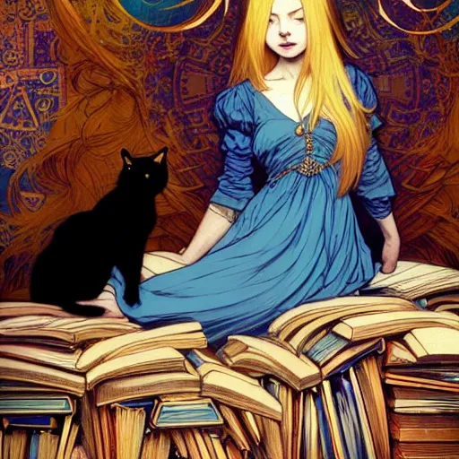 Image similar to A girl in a blue dress standing over a pile of books with golden locks down her back and a black cat at her feet, face, fantasy, intricate, elegant, highly detailed, digital painting, artstation, concept art, smooth, sharp focus, illustration, art by Krenz Cushart and Artem Demura and alphonse mucha