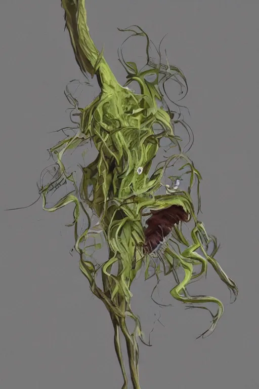 Image similar to anthropomorphic, mutant carnivorous plant, full body, character design by Disney and Pixar, sculpted in zbrush, minimal, dystopian, big eyes with eyelashes,extremely detailed, digital painting, artstation, concept art, volumetric lighting, golden ratio, rule of thirds, fibonacci