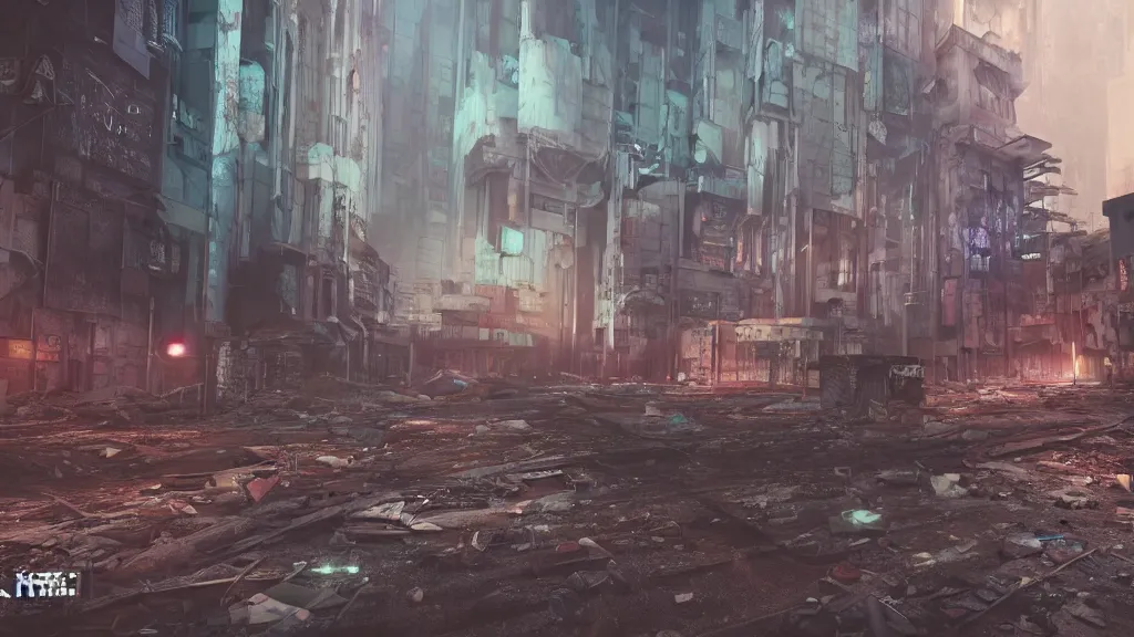 Image similar to exploring an abandoned, derelict, decaying, cyberpunk city, made in blender, octane render, cinematic, volumetric lighting, futuristic,, hyperrealistic, highly detailed, colourful 4 k hd