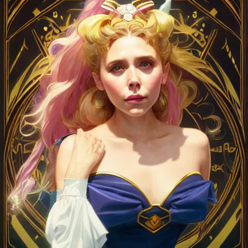 Image similar to Elizabeth Olsen as Sailor Moon, western, D&D, fantasy, intricate, elegant, highly detailed, digital painting, artstation, concept art, matte, sharp focus, illustration, art by Artgerm and Greg Rutkowski and Alphonse Mucha