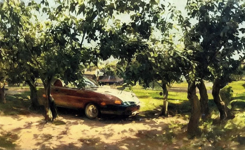 Prompt: oil painting lanscape by anders zorn, nature, fruit trees, very very very very beautiful art, dramatic light, police car closeup, arrest by angry police