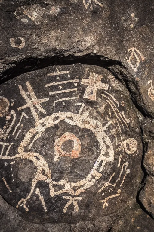 Image similar to 4 k photography of petroglyphs representing crosses, ufo, yin yang symbol on a cave