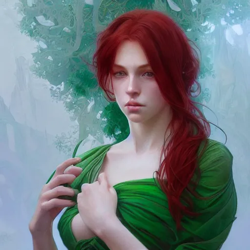 Prompt: ultra realistic illustration, dream girl with red hair, green eyes, white clothes, intricate, elegant, highly detailed, digital painting, artstation, concept art, smooth, sharp focus, illustration, art by artgerm and greg rutkowski and alphonse mucha
