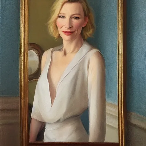 Prompt: cate blanchett in low-cut blouse in front of a mirror, painting by Vladimir Volegov